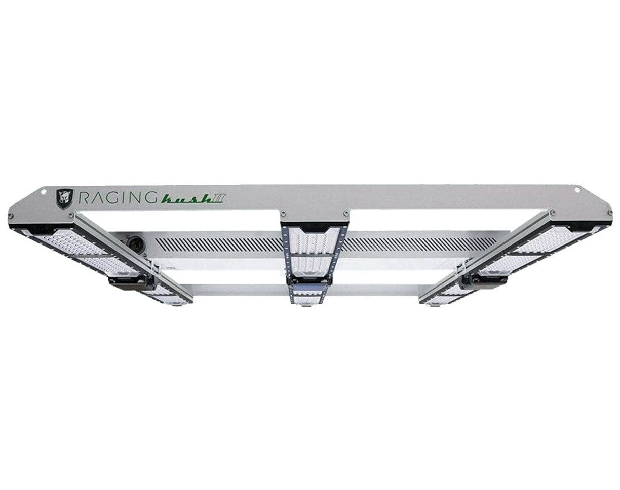 This image shows the Raging Kush II LED grow light viewed from below, highlighting its modular light bars.