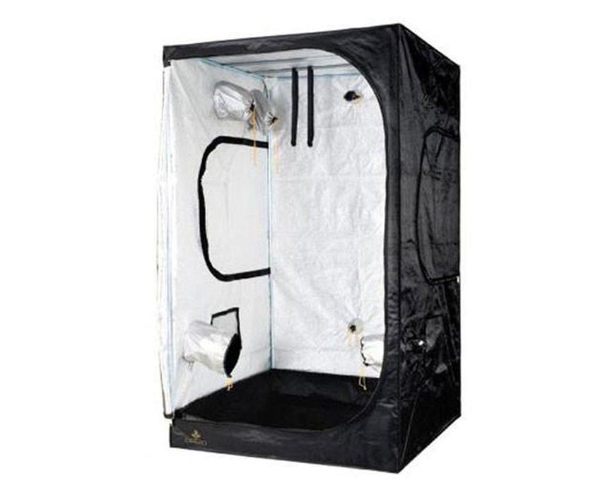 Partially opened Secret Jardin DR120 grow tent with visible duct ports and reflective inner lining.