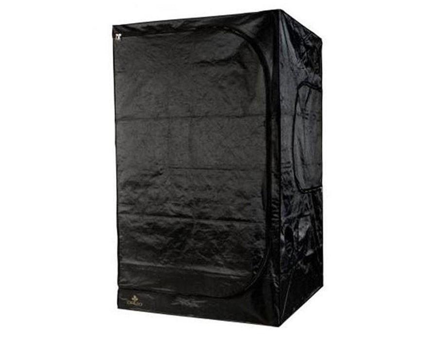 Fully closed Secret Jardin DR120 grow tent in black fabric with front zipper and side vents visible.