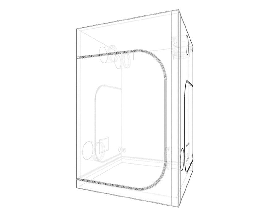 Transparent line drawing of Secret Jardin Dark Room 150 V4.0 grow tent showing duct ports, mesh tray, and structural layout.
