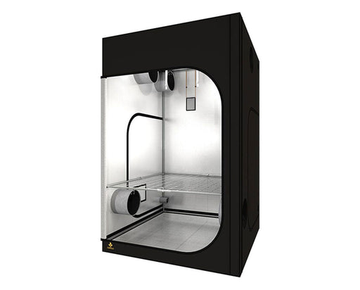 Side view of Secret Jardin Dark Room 150 V4.0 grow tent with mesh shelf, reflective interior, and ventilation ports.