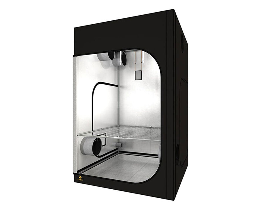 Side view of Secret Jardin Dark Room 150 V4.0 grow tent with mesh shelf, reflective interior, and ventilation ports.