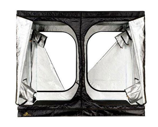 Front view of the Secret Jardin 8x8 grow tent showing open zippered doors and reflective inner lining.