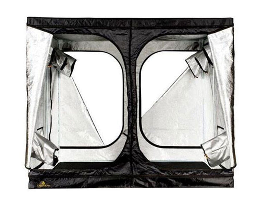 Front view of the Secret Jardin 8x8 grow tent showing open zippered doors and reflective inner lining.