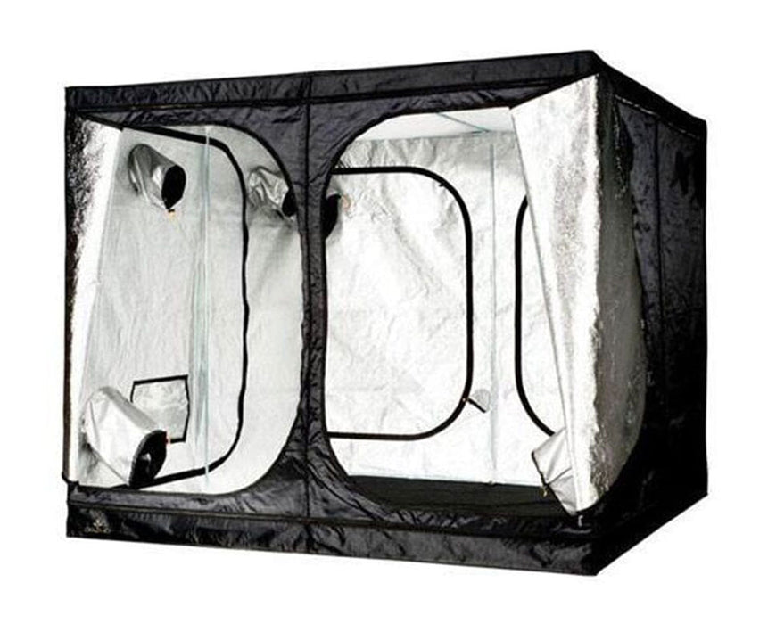 Angled view of the Secret Jardin Dark Room 240 tent with open flaps and internal ducting ports.