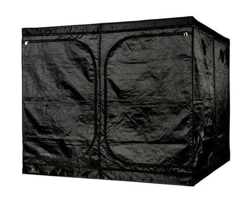 Exterior view of the fully closed Secret Jardin 8x8 grow tent with black canvas cover and zippered doors.