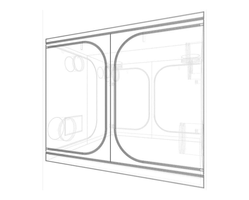 Transparent schematic of the Secret Jardin Dark Room 240 tent showing ducting ports and structural layout.