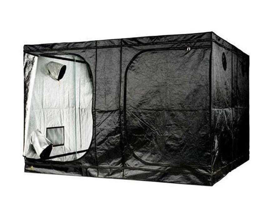 Partially opened Secret Jardin Dark Room 300 grow tent revealing reflective interior and ventilation ports.