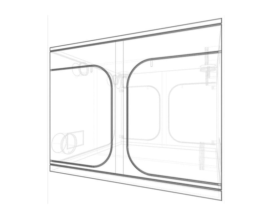 Line drawing of Secret Jardin Dark Room 300 grow tent highlighting structural layout and dual chamber design.