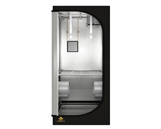 Front view of the Secret Jardin Dark Room 60 grow tent with reflective mylar interior and hanging straps.