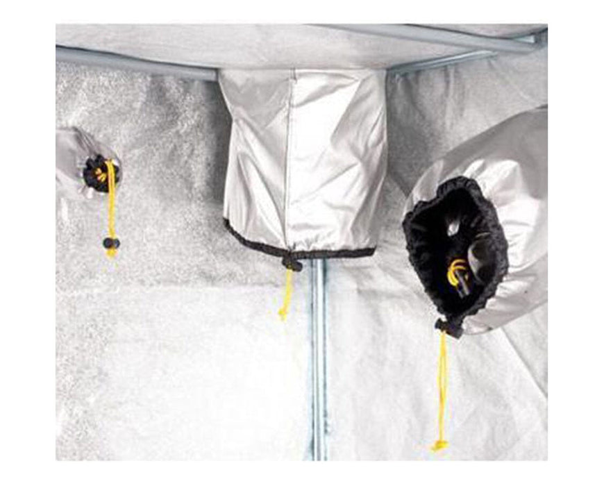 Detail view of adjustable ventilation socks and duct ports inside the Secret Jardin DR60 grow tent.