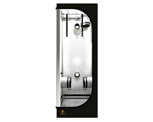 Interior view of the Secret Jardin DR60 tent showing duct ports, hanging straps, and reflective lining.