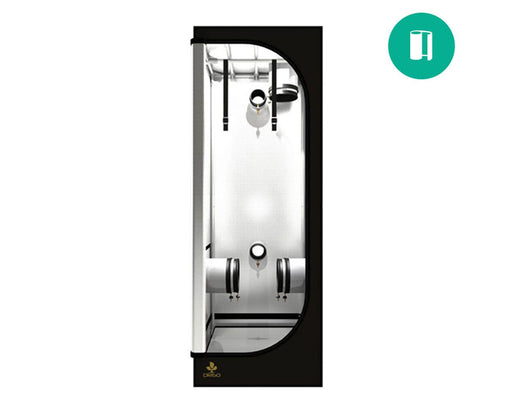 Interior view of the Secret Jardin DR60 tent showing duct ports, hanging straps, and reflective lining.