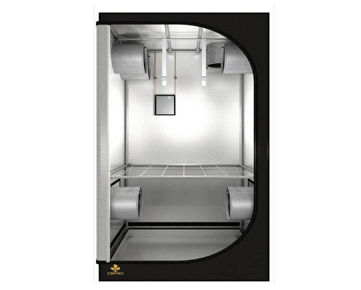 Front-facing view of the Secret Jardin DR90 grow tent showing ventilation ports and hanging straps.