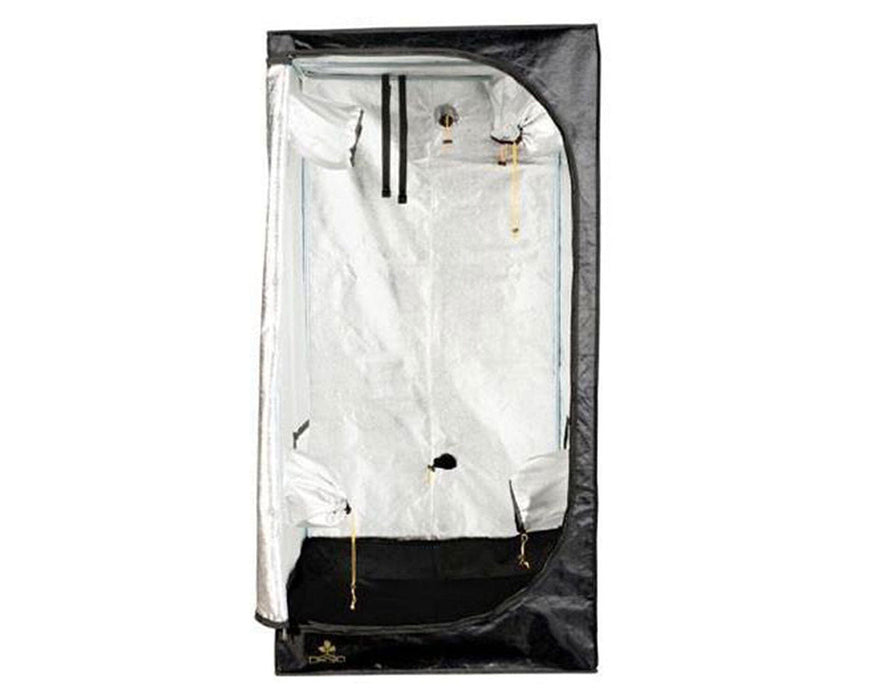 Open front view of the Secret Jardin DR90 grow tent revealing its reflective interior and port configuration.