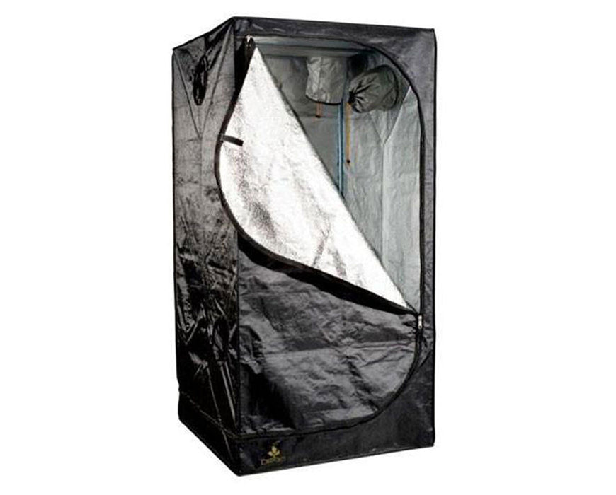 Partially opened Secret Jardin Dark Room 90 grow tent showing reflective inner lining and ventilation setup.