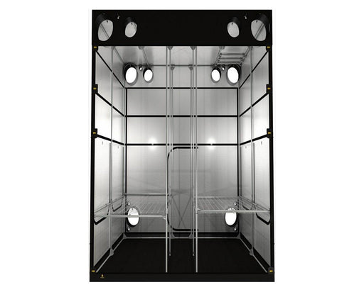 Front-facing interior view of the Secret Jardin Intense 300 showing dual grow bays, support bars, and ducting ports.