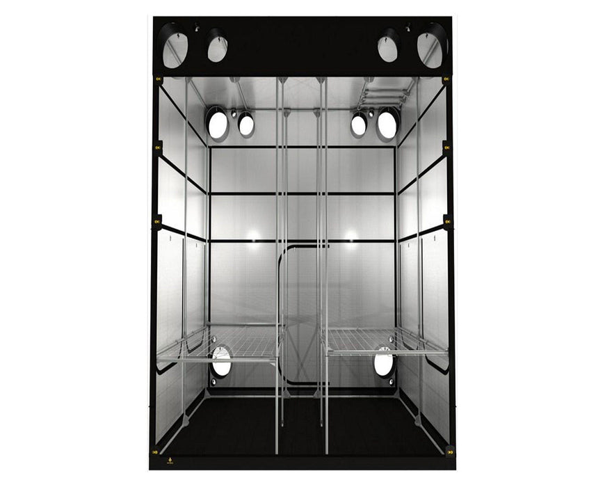 Front-facing interior view of the Secret Jardin Intense 300 showing dual grow bays, support bars, and ducting ports.