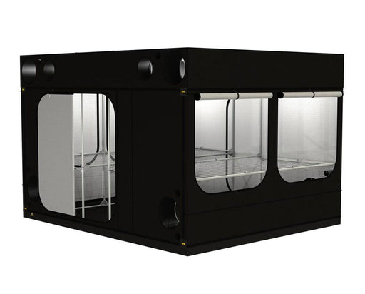 Angled view of the Intense 300 grow tent with side windows rolled up, revealing internal layout and shelving.