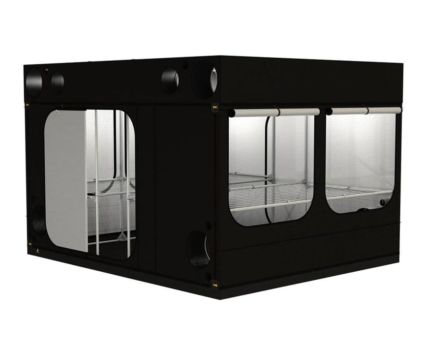 Angled view of the Intense 300 grow tent with side windows rolled up, revealing internal layout and shelving.