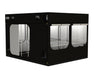 Angled view of the Intense 300 grow tent with side windows rolled up, revealing internal layout and shelving.