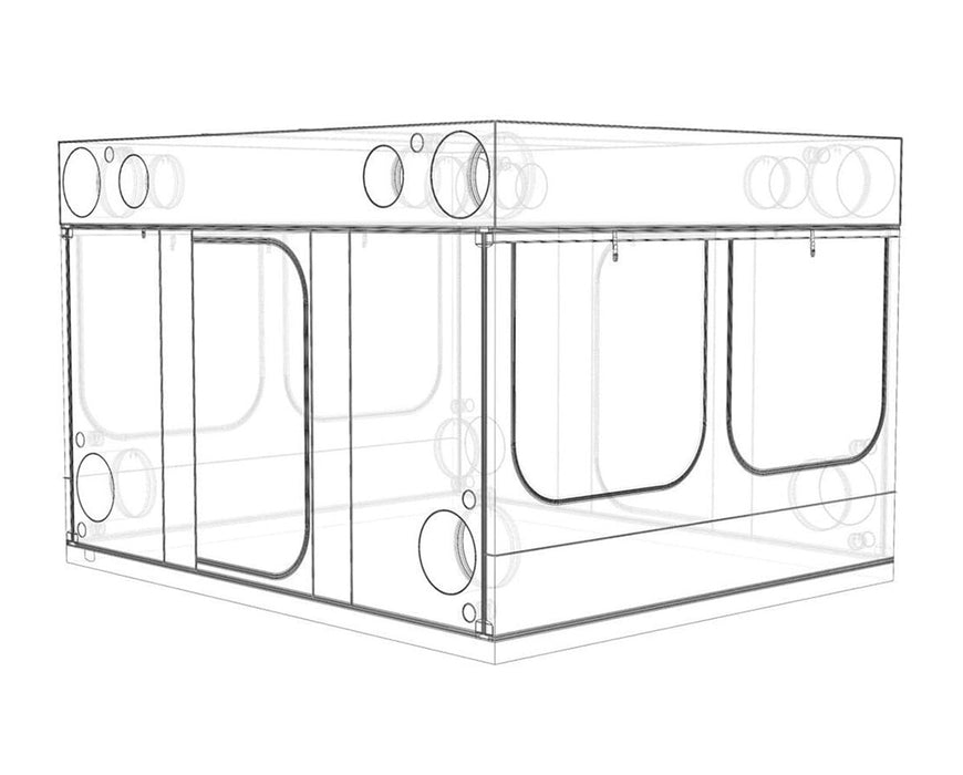 Wireframe rendering of the Secret Jardin Intense 300 grow tent in horizontal position with structural and port outlines.