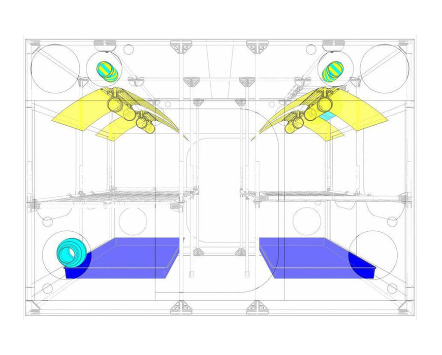 Top-down schematic of the Intense 300 grow tent with lighting layout, ventilation components, and tray placement.