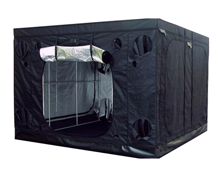 Partially opened Secret Jardin Intense 300 grow tent in horizontal position showing reflective interior and support frame.