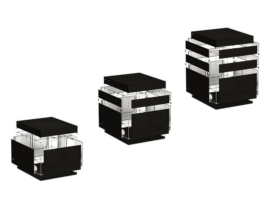 Exploded view of the Secret Jardin Intense 300 grow tent showcasing its modular assembly process in three stages.