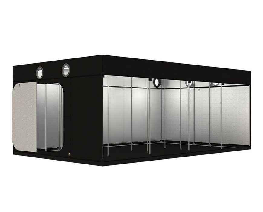 Angled view of the Secret Jardin Intense 600 V4.0 grow tent with open front flap and exposed reflective interior.