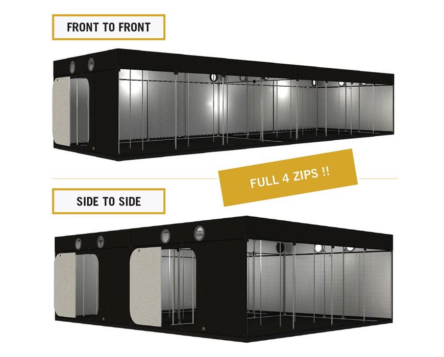 Front and side layout comparison of the Intense 600 tent with labels showing full 4-zip access design.