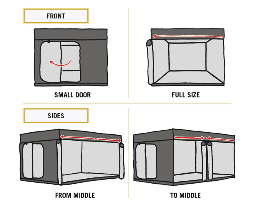 Illustrated diagram showing various door opening options for the Intense 600 tent including side and front access.