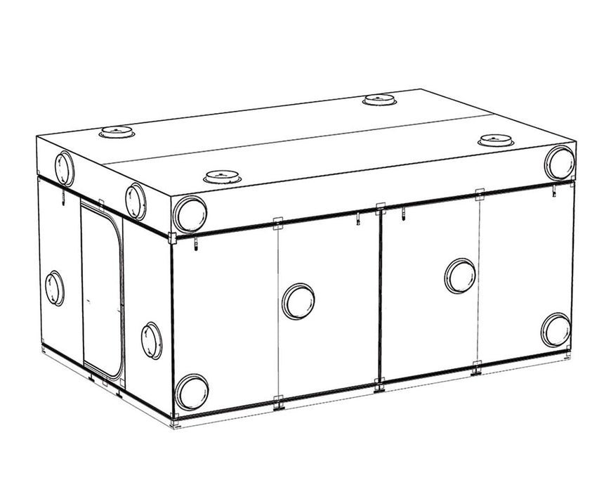 Wireframe 3D model of the Secret Jardin Intense 600 grow tent showing port placement and door layout from an angle.