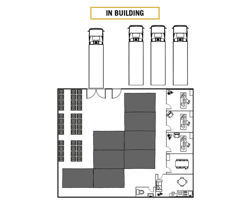 Top-down floor plan illustration labeled "In Building," showing multiple Secret Jardin Intense 600 tents arranged inside a warehouse with office and loading areas.