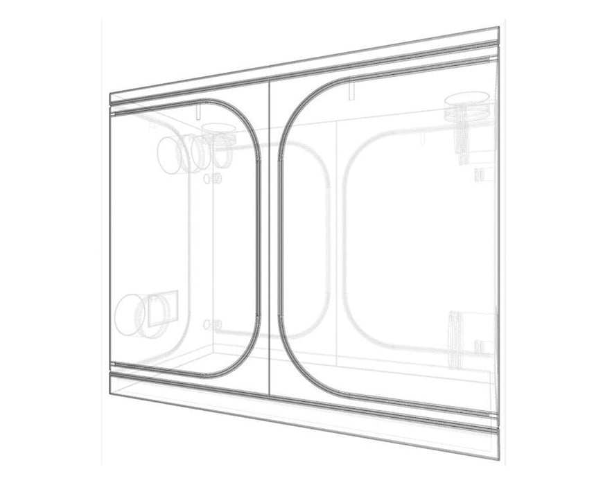 Wireframe schematic of the Secret Jardin Wide Dark Room 240 V4 tent showing dual-door layout and ventilation ports.