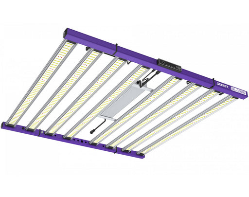 Bottom angled view of fully lit SecretLED SL-1000 LED grow light showcasing multiple LED diodes and sturdy purple frame.