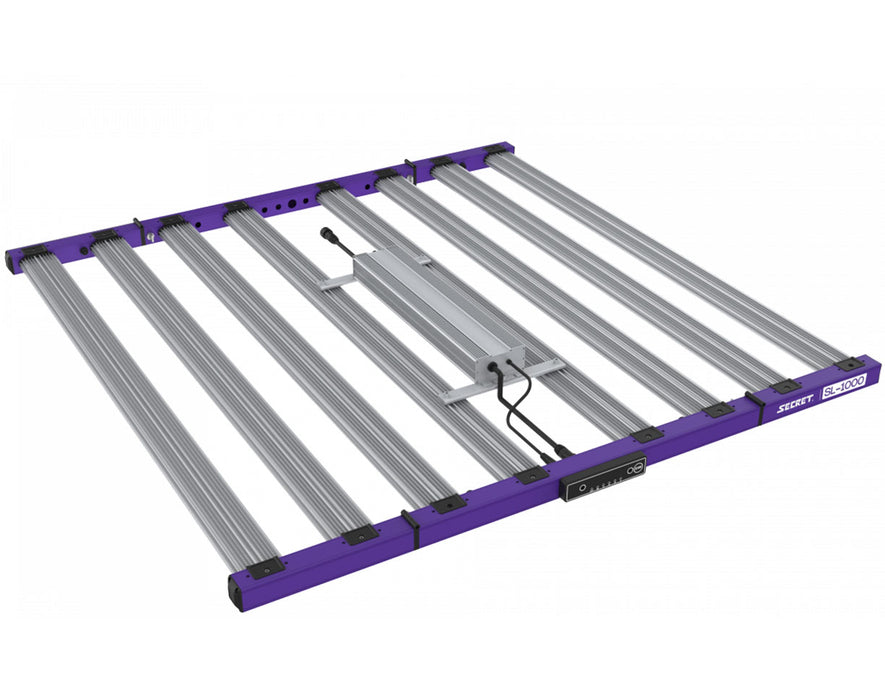 Angled side view of SecretLED SL-1000 LED grow light showing aluminum bars and central power driver for even light distribution