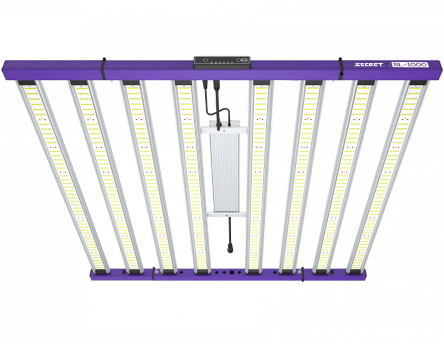 Top view of SecretLED SL-1000 LED grow light displaying full LED panel array and central driver with wired connection