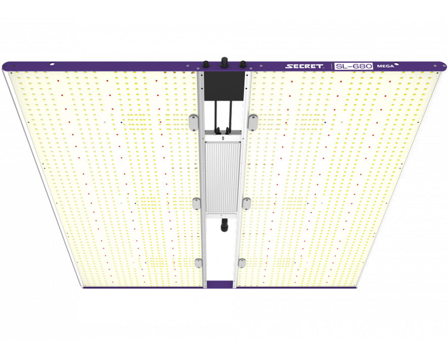 op view of SecretLED SL-680 Mega LED Grow Light showing full-spectrum LED panel with dense diode layout for high PPFD performance.