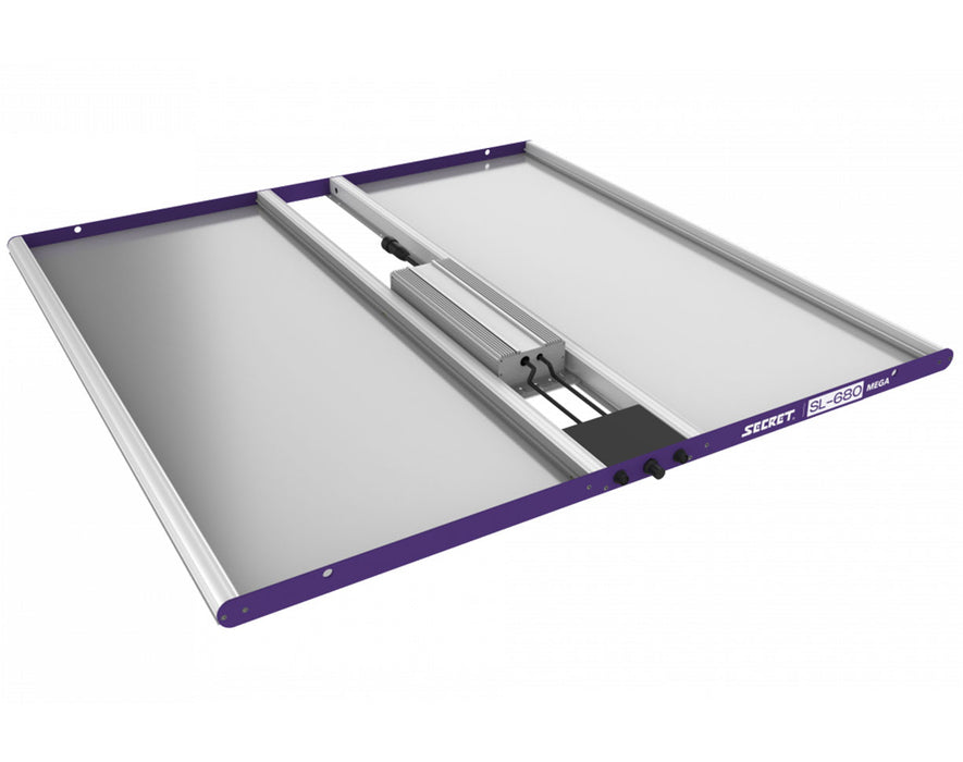 Rear view of SecretLED SL-680 Mega Grow Light showcasing passive cooling fins and mounted LED driver for heat management.