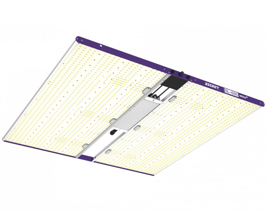 Angled view of the SecretLED SL-680 Mega LED Grow Light with bright full-spectrum output ideal for indoor horticulture.