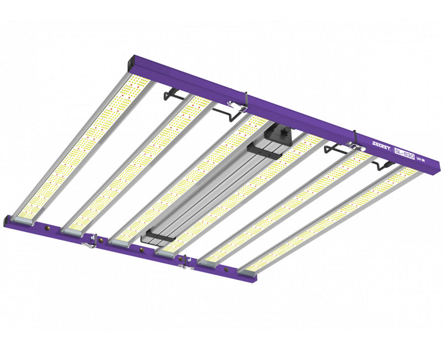 Underside angled view of the fully illuminated SL-830 grow light showing wide coverage.

