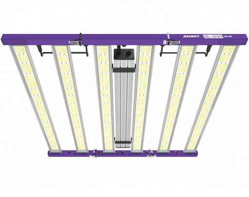 Top-down view of the SecretLED SL-830 UV/IR LED grow light showing fully lit light bars.