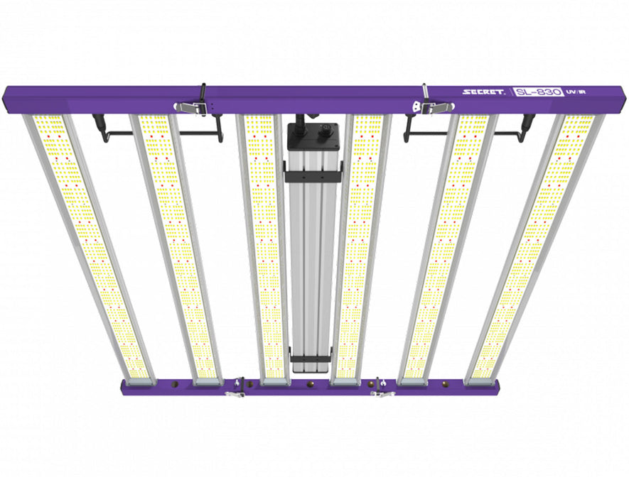 Top-down view of the SecretLED SL-830 UV/IR LED grow light showing fully lit light bars.