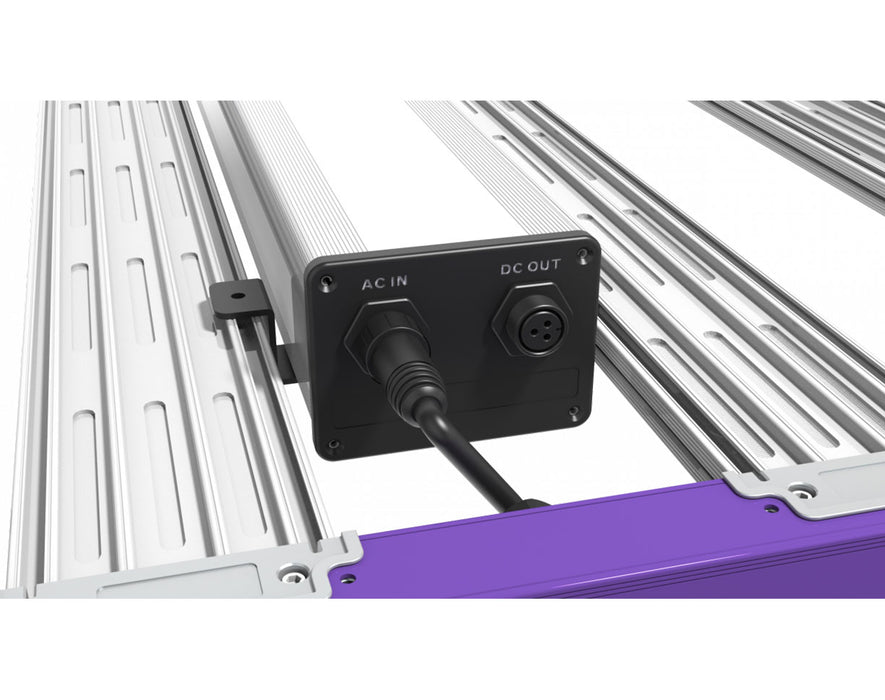 Close-up of power cable connections labeled AC IN and DC OUT on the SL-830 LED light driver.
