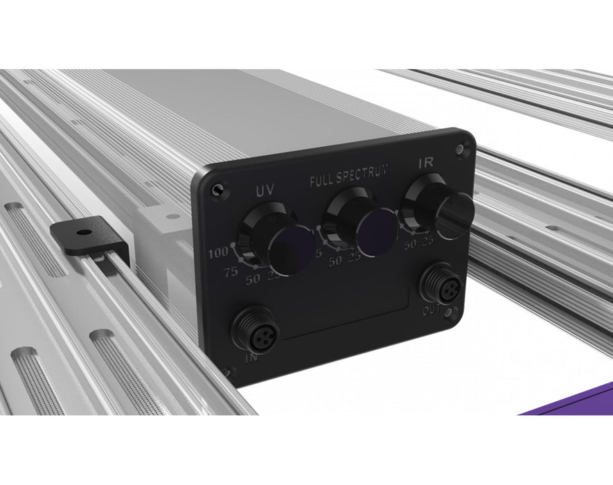 Zoomed-in view of onboard dimming knobs for UV, full spectrum, and IR control on the SL-830 grow light.