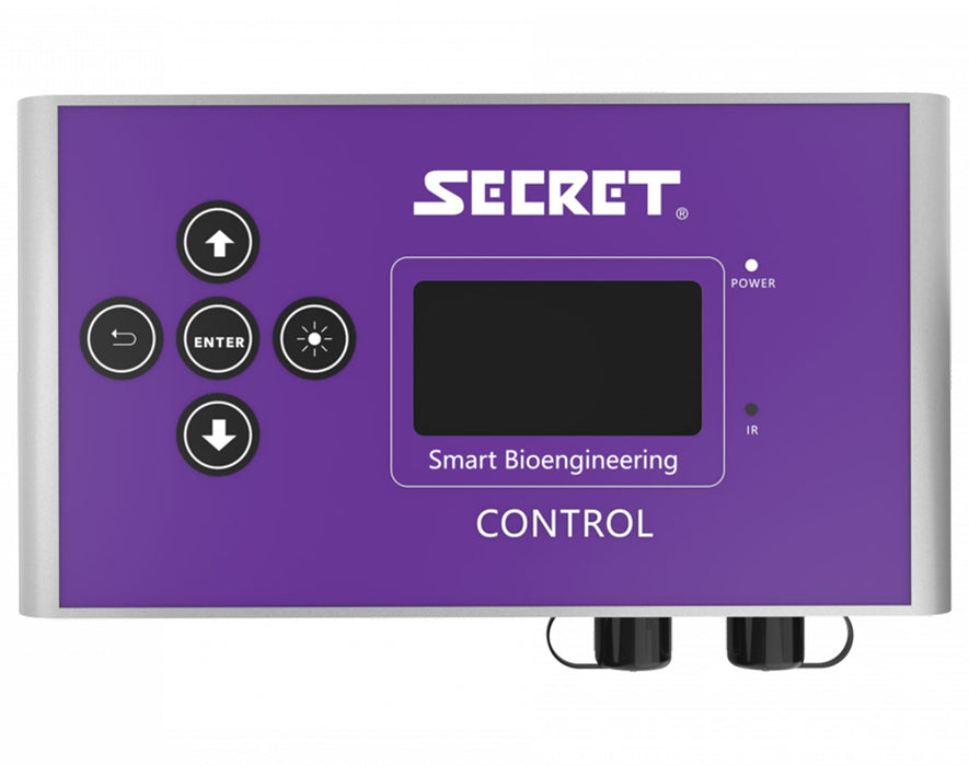 Front view of SecretLED Lighting Control featuring a digital display, arrow controls, and Secret branding