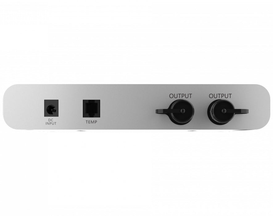 Close-up of SecretLED Lighting Control input and output ports including DC input, temperature sensor, and dual outputs