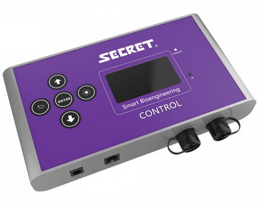 Angled view of SecretLED Lighting Control unit with display screen, navigation buttons, and labeled ports
