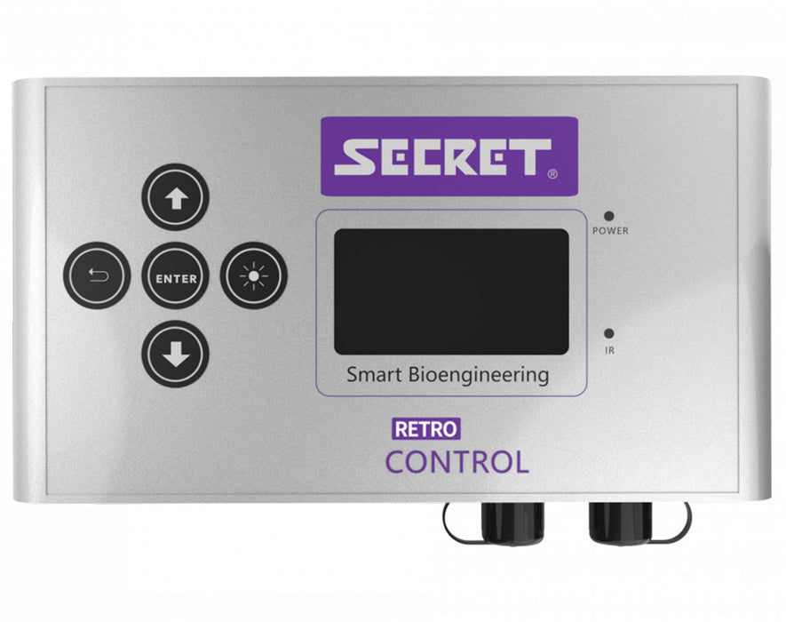 Top view of the SecretLED Lighting Retro Control interface with LCD screen, navigation buttons, and labeled outputs.